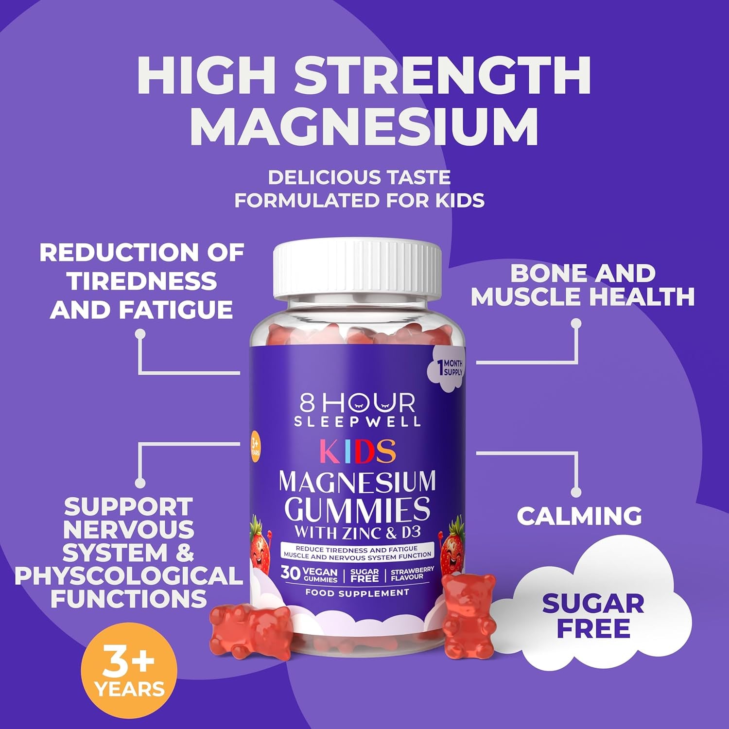 Kids Magnesium Gummies – Chewable, Sugar-Free & Vegan | 1029Mg Magnesium Citrate, Providing 113Mg Magnesiums to Support Calm Mind & Strong Bones for Kids 3+ | 1 Month Supply | Strawberry Flavour