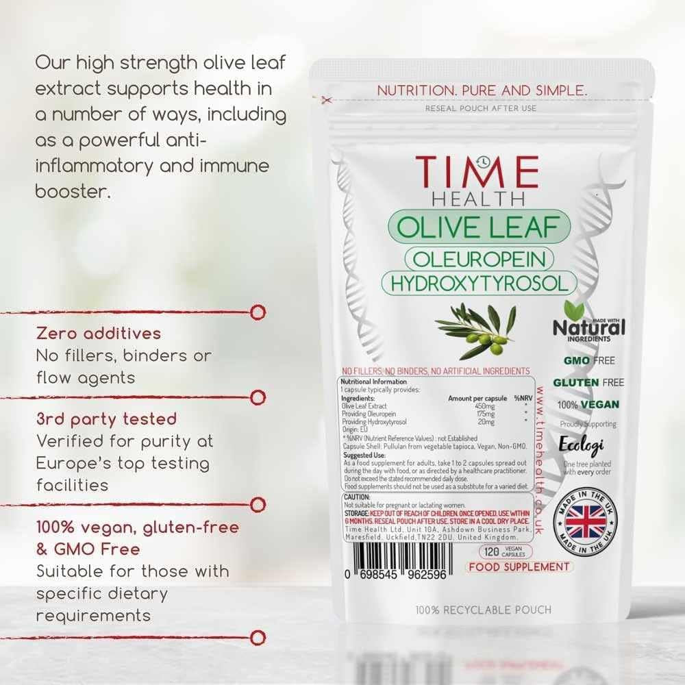 Olive Leaf Extract - Maximum Strength - High in Oleuropein - Spanish Source - UK Made - Zero Additives - Pullulan (120 Capsule Pouch)