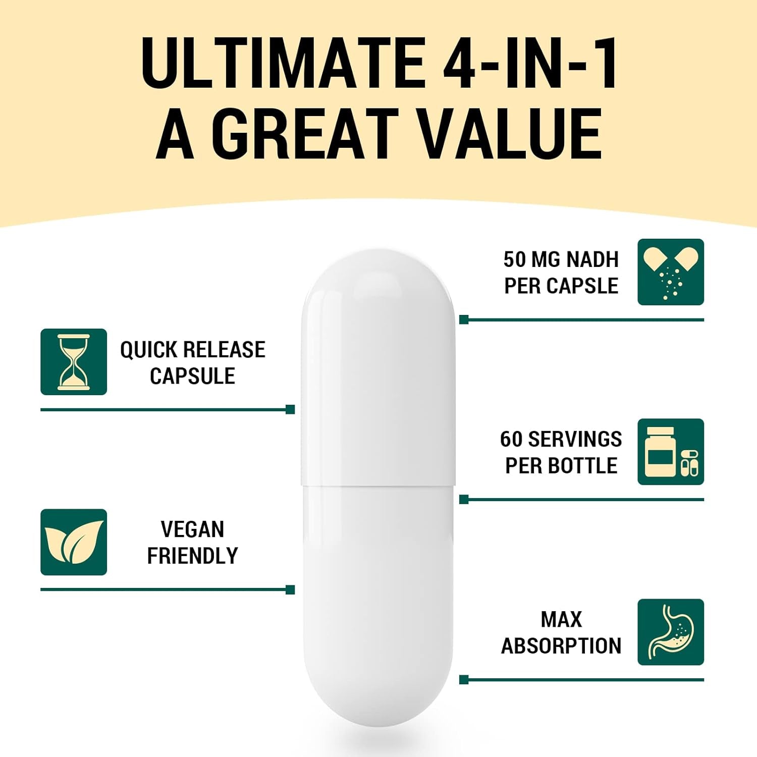 NADH 50 Mg plus Coq10 200 Mg, NADH Capsules - Energy and Fatigue Support, ATP Production - 60 Counts for 60-Day Supply
