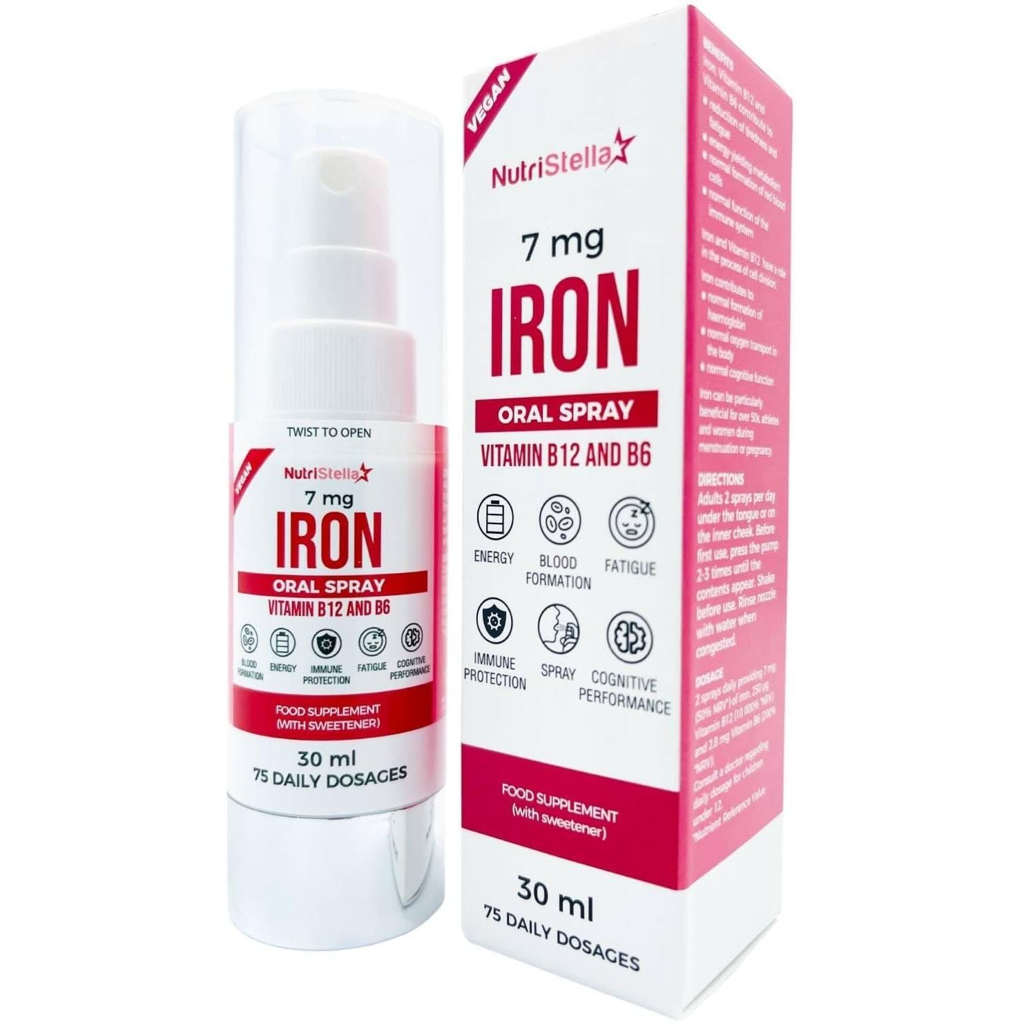 Iron Spray - Vitamin B12 - B6-75 Doses - Gentle on the Stomach - Less Side Effects - High Strength - Fast - Easy - Immunity - Combats Triedness and Fatigue - Sugar-Free