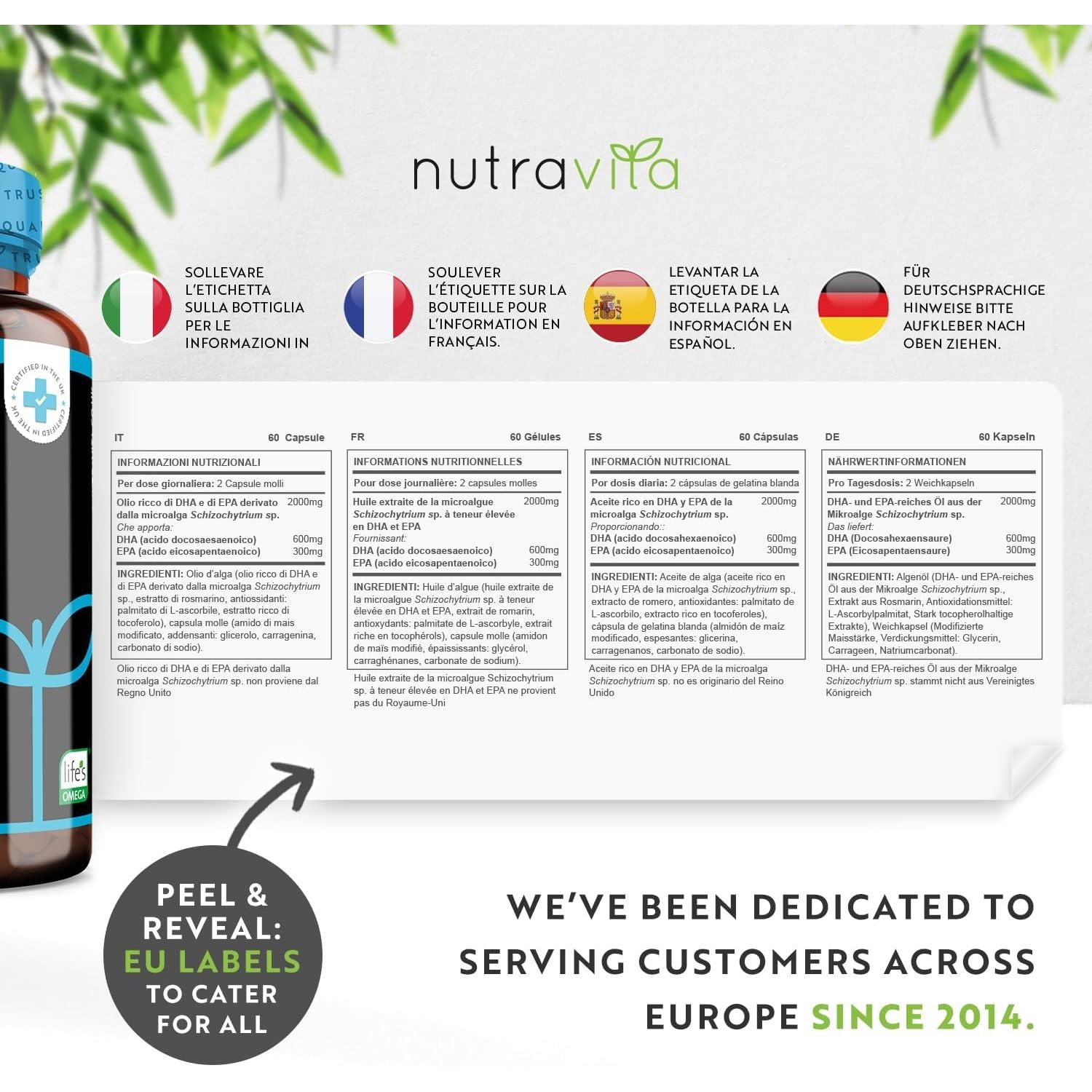 Vegan High Strength Omega 3 2000Mg Soft Gels - 600Mg DHA & 300Mg EPA per Serving - Plant-Based Omega 3 Softgels Derived from Sustainable Algal Oil - 60 Vegan Softgels - Made in the UK by Nutravita