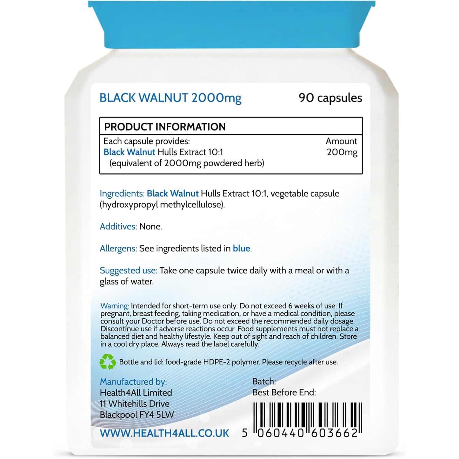 Health4All Black Walnut Hulls 2000Mg 90 Capsules, Strongest Black Walnut Green Hull Capsules for Intestinal Health, Cleanse & Detox, Vegan, Purest: No Additives | Made in UK
