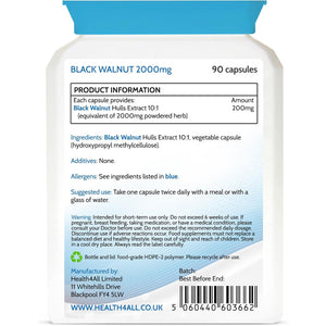 Health4All Black Walnut Hulls 2000Mg 90 Capsules, Strongest Black Walnut Green Hull Capsules for Intestinal Health, Cleanse & Detox, Vegan, Purest: No Additives | Made in UK