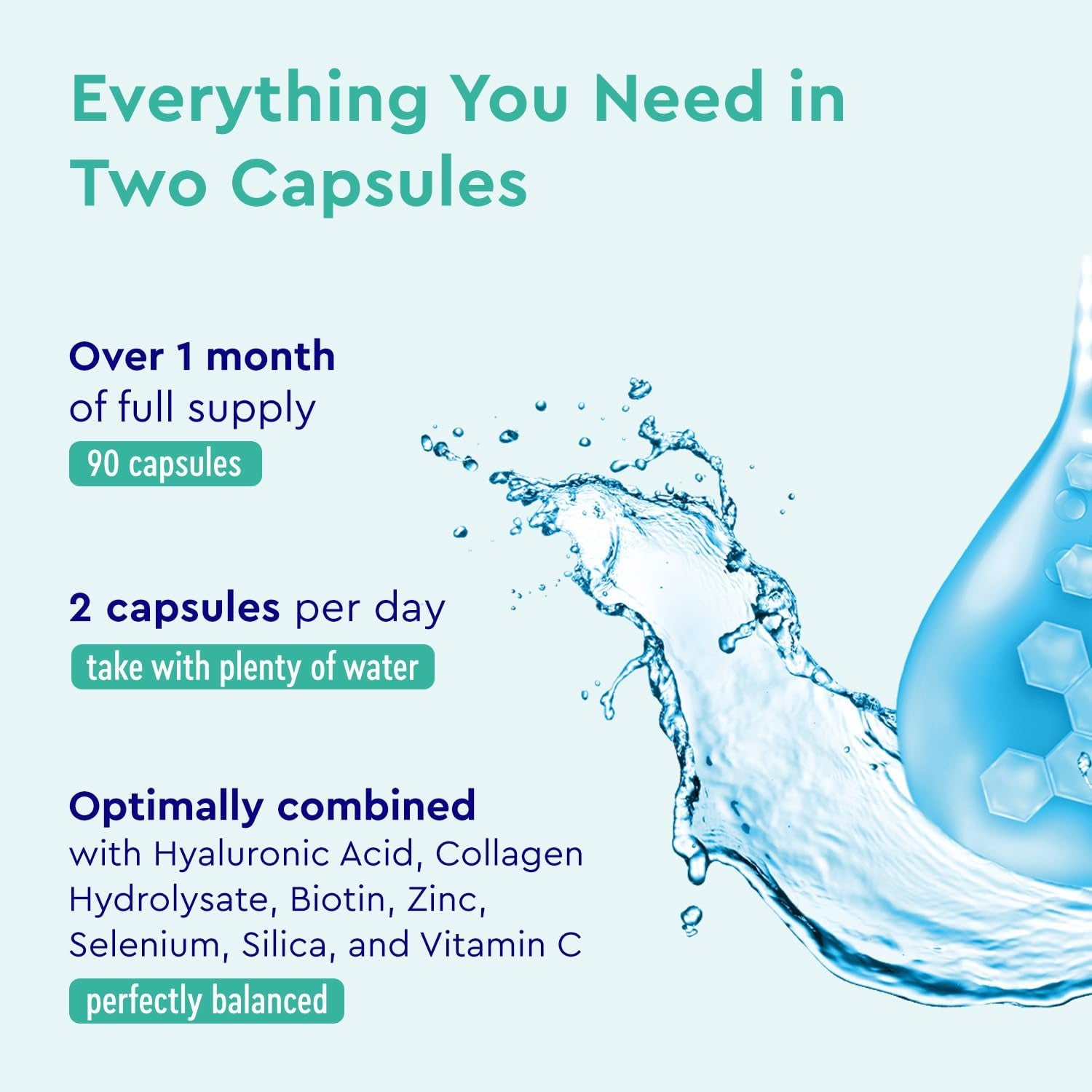 Hyaluronic Acid + Collagen - 90 Capsules with Biotin, Vitamin C from Acerola, Zinc, Selenium & Bamboo Extract - Hair, Skin and Nail Complex for Women & Men - Supplements Made in Germany