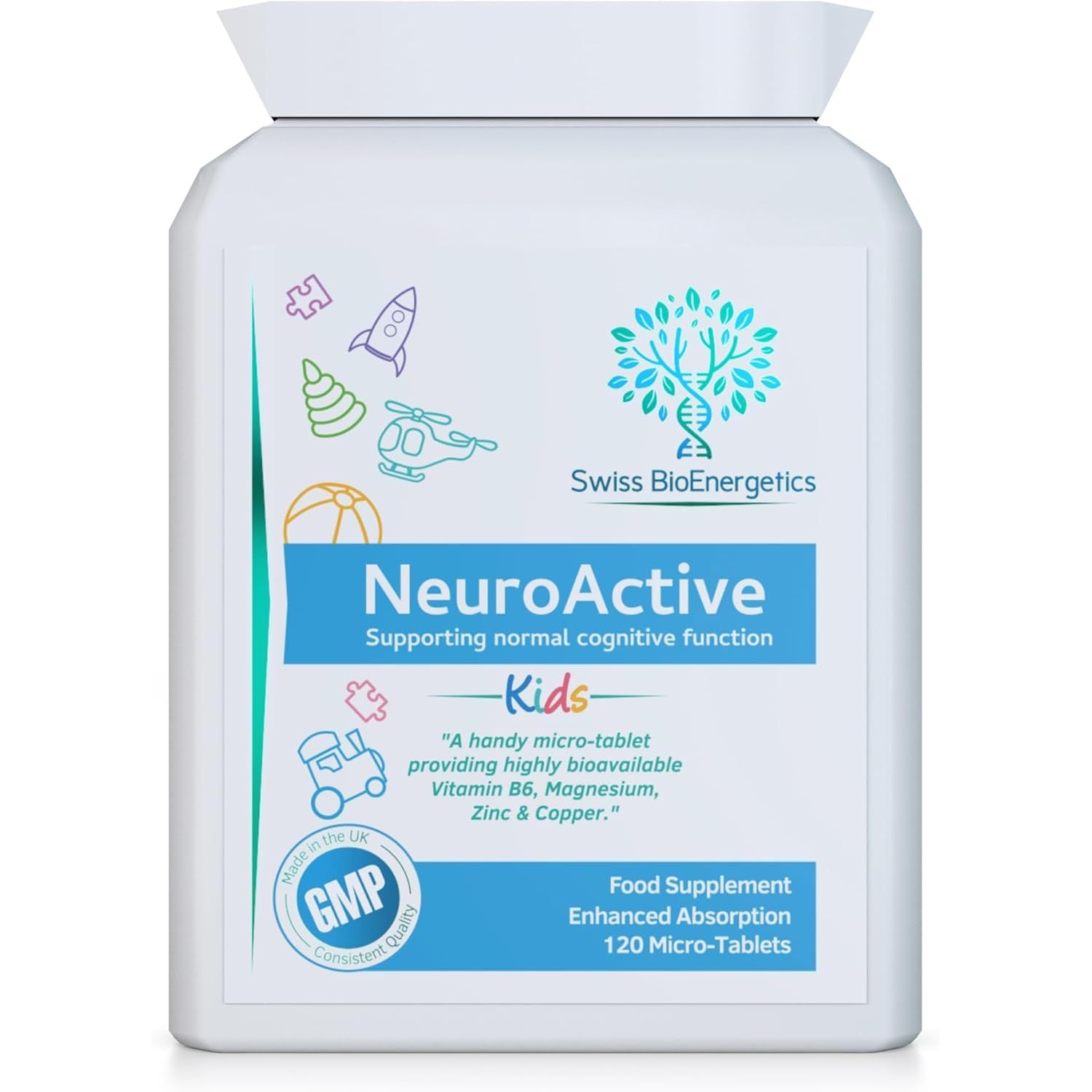 Neuroactive 120 Highly Bioavailable Micro-Tablets - Magnesium Citrate, Zinc Picolinate, Copper Glycinate & Vitamin B6 Balanced for Children and Adults - Vegan - UK Made