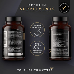 Premium Multi Collagen Protein Capsules with Type I, II, III - Includes Hydrolysed Grass Fed Bovine Collagen, Marine Collagen, Hyaluronic Acid, Turmeric - 90 Capsules - Made in the UK by Nutravita