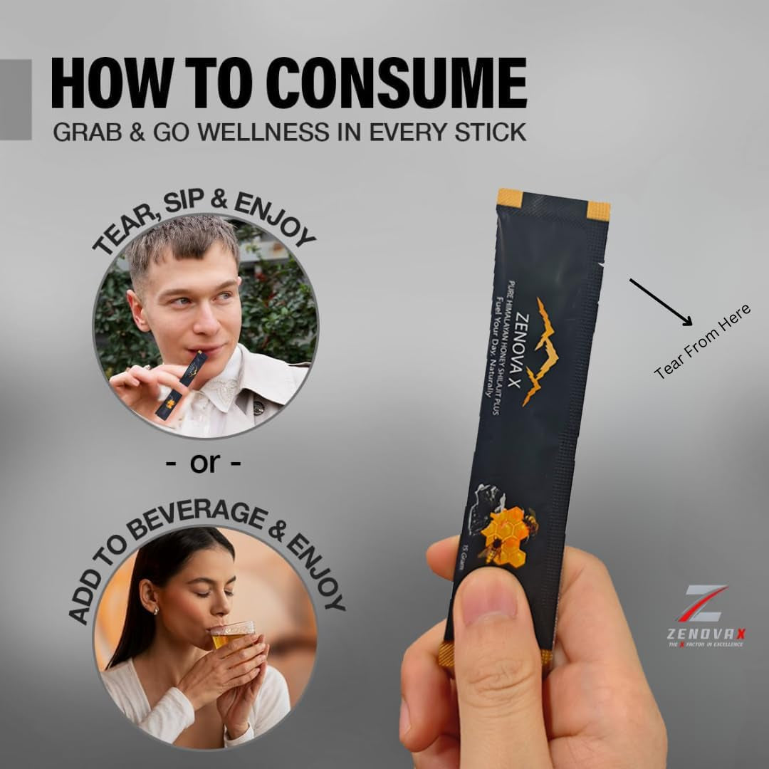 ZENOVA X Himalayan Shilajit Honey plus with Ashwagandha, Saffron, Ginseng | Gold Grade 100% Pure Honey and Shilajit | 15 Sticks for Energy Boost & Immune Support, 85+ Trace Minerals, 75%+ Fulvic Acid