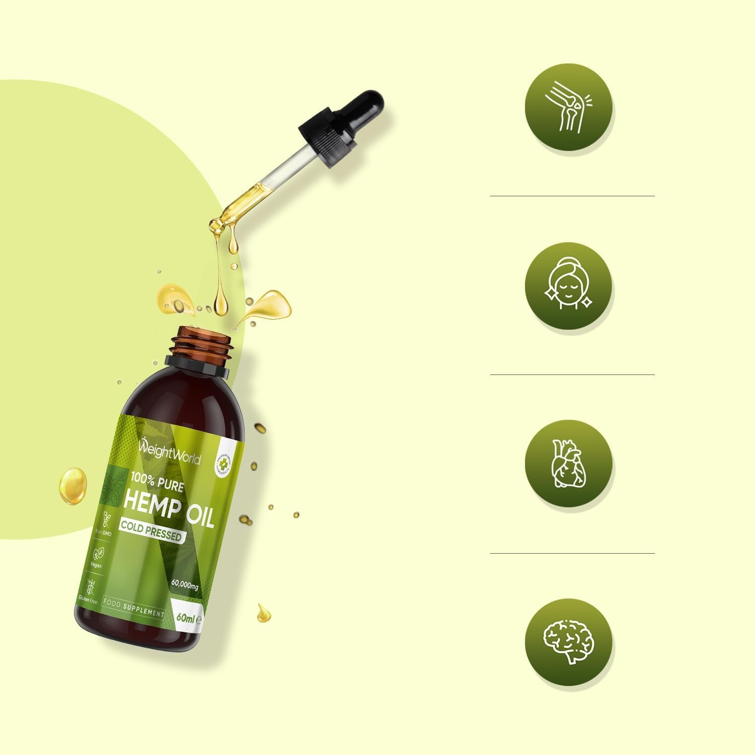Pure & Cold Pressed Hemp Seed Oil - 60Ml - 60000Mg of Natural & Vegan Hemp Oil for Humans - 2000Mg per Serving - Sublingual Drops
