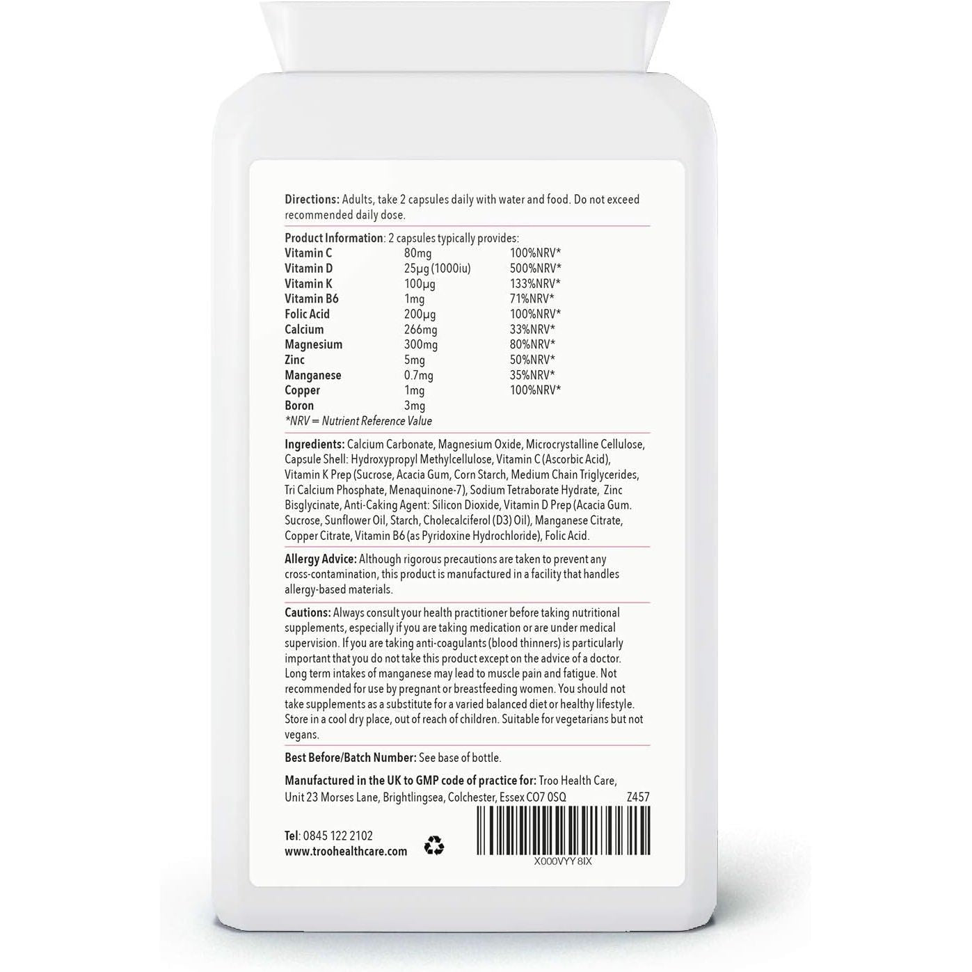 Troo Health Care Osteotrition Bone Support Supplement 90 Capsules - Helps Maintain Bone Density and Connective Tissues – Includes Calcium, Magnesium, Vitamin K2, Vitamin D3, and More - UK Made