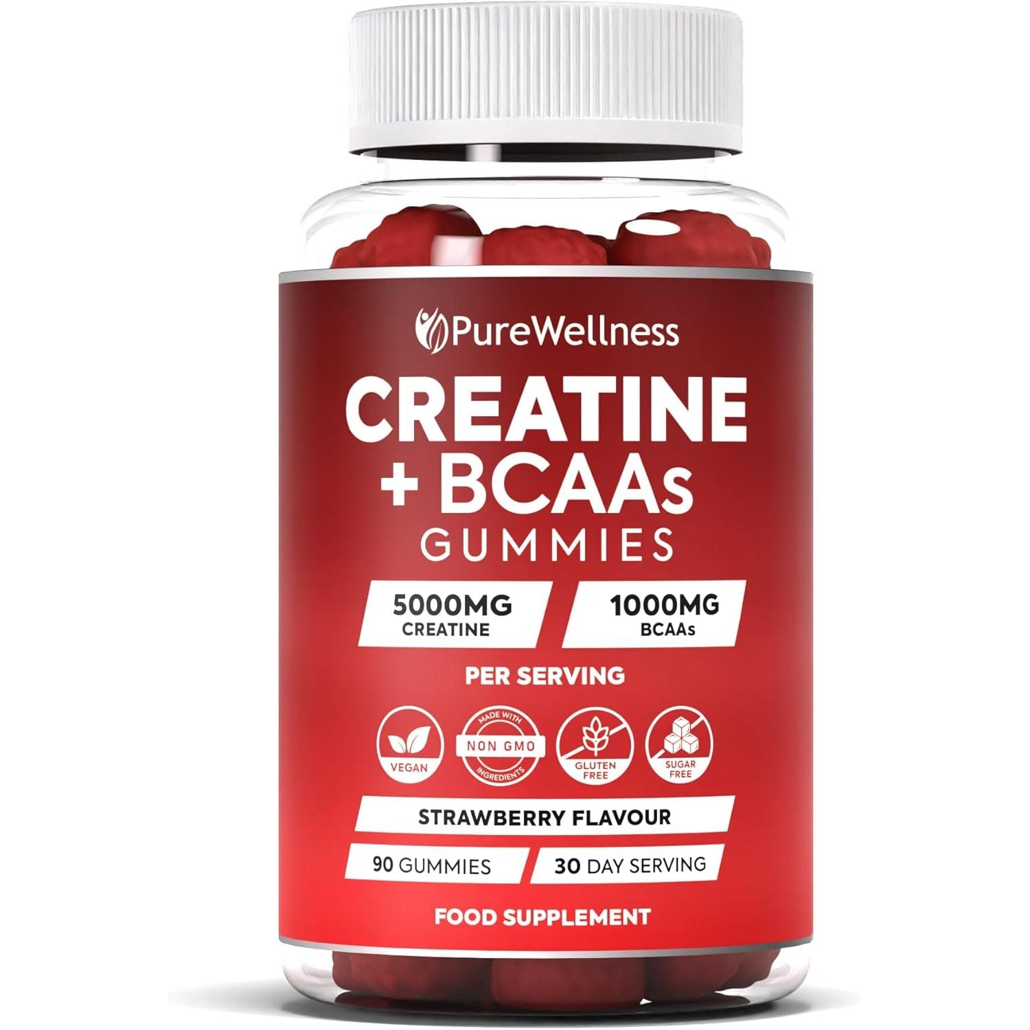 Purewellness Creatine and BCAA Gummies - 5000Mg Creatine Monohydrate, 1000Mg Bcaas per Serving - Chewable Vegan Sugar Free Gummies, Strawberry Flavour (1 Month Supply)