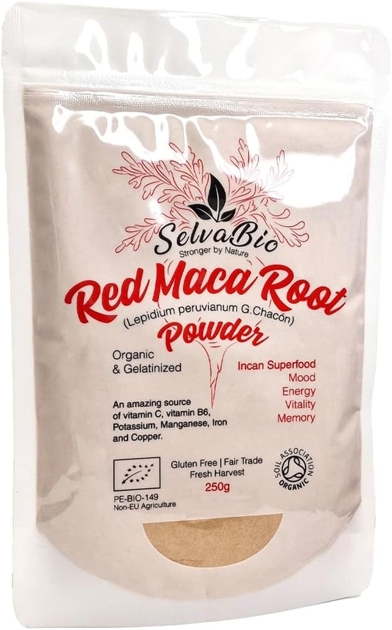 Organic Red Maca Root Gelatinized Powder, Soil Association Certified, 250G from the High Peruvian Mountains.
