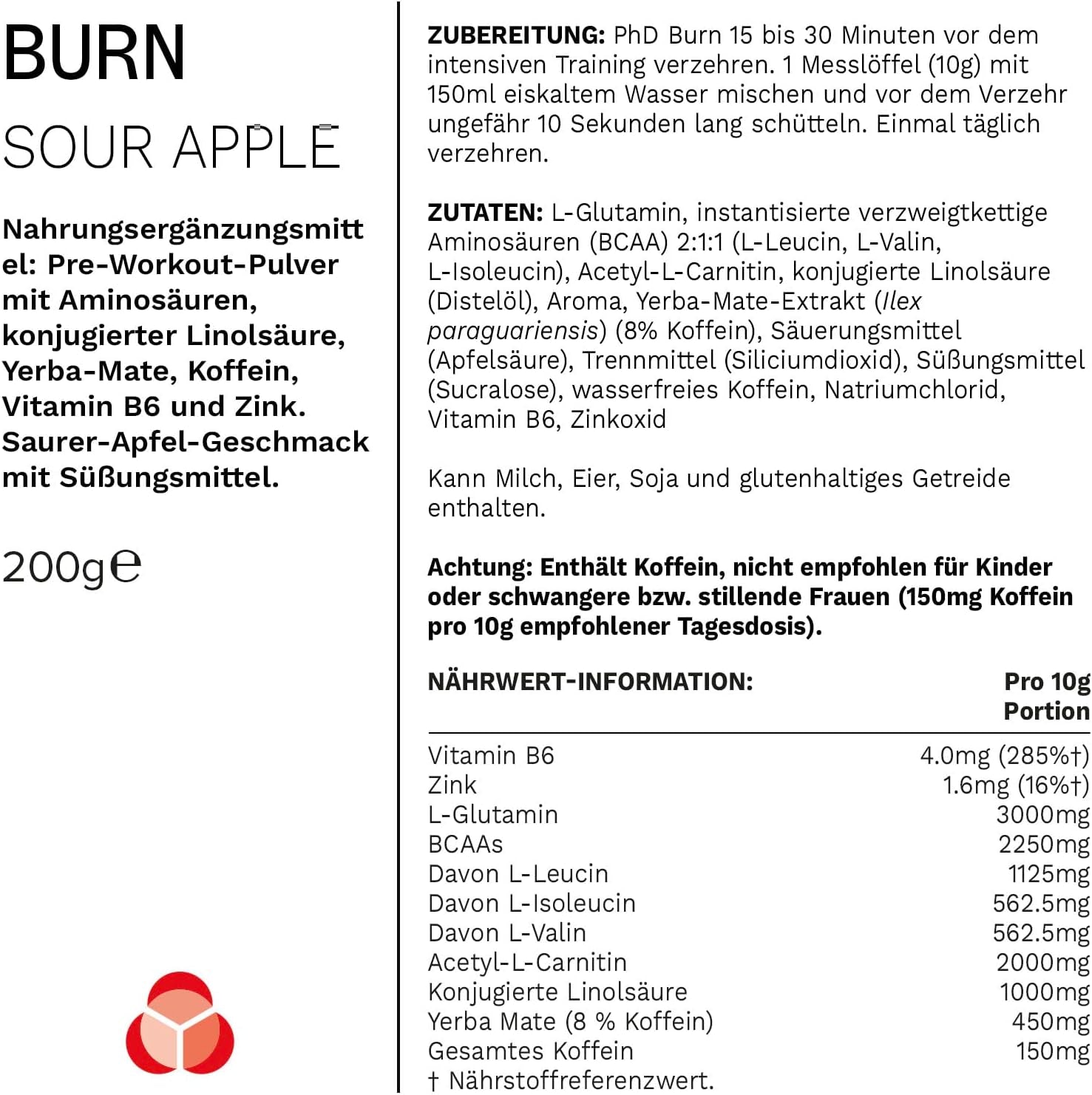 Phd Burn Pre Workout Powder with L Carnitine for Women and Men, Rich in CLA, High Caffeine for Pre-Workout, Sour Apple Flavour, 20 Servings (200G)