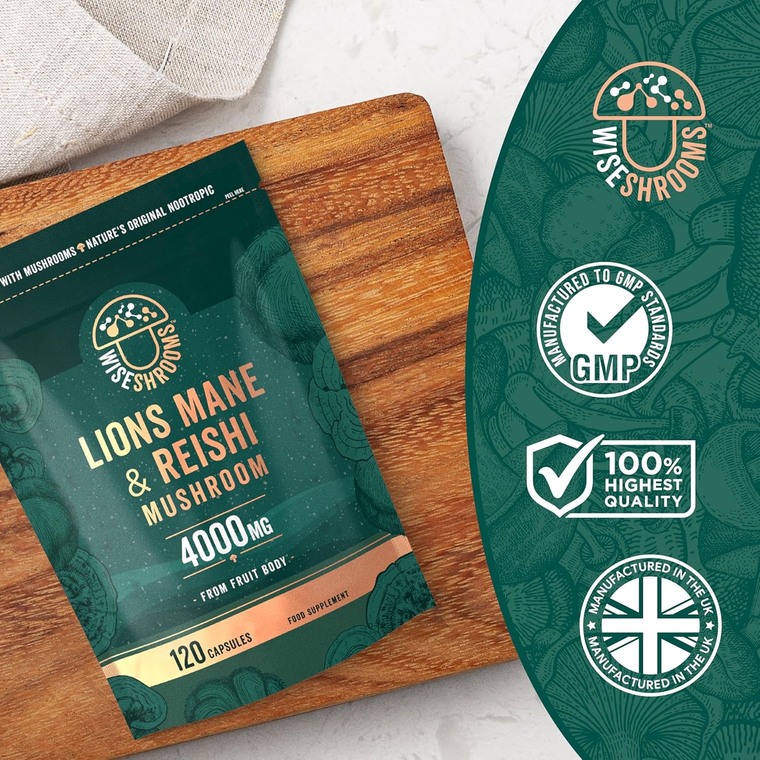 Lions Mane Supplement 4000Mg with Reishi Mushroom | Lions Mane Capsules High Strength | 120 Powder Capsules | Vegan | Wiseshrooms