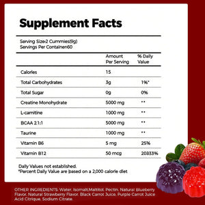 Creatine Monohydrate Gummies, 8000Mg Complex, 120 Count, Sugar-Free with BCAA, L-Carnitine, Taurine and Vitamins, for Muscle Strength and Recovery