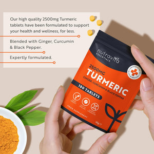 Turmeric Tablets 2500Mg with Black Pepper, Ginger & Curcumin - 180 High Strength Tumeric Supplements (3 Month Supply) - Vegan - Alternative to Capsules - Letterbox Friendly - Made in UK - Nutravita