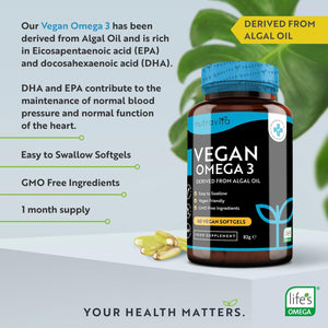 Vegan High Strength Omega 3 2000Mg Soft Gels - 600Mg DHA & 300Mg EPA per Serving - Plant-Based Omega 3 Softgels Derived from Sustainable Algal Oil - 60 Vegan Softgels - Made in the UK by Nutravita