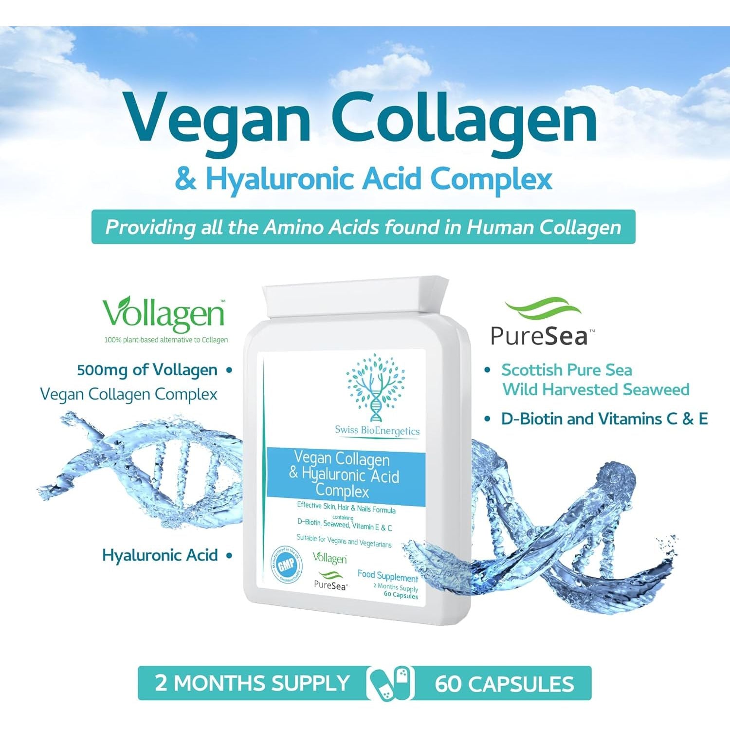 Vegan Collagen & Hyaluronic Acid Complex - 60 Capsules - Effective Skin, Hair & Nails Formula with 500Mg of Vollagen in the Exact Amino Ratios of Human Collagen - D-Biotin, Seaweed, Vitamins E&C