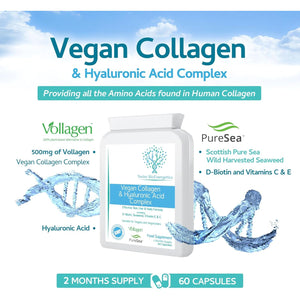 Vegan Collagen & Hyaluronic Acid Complex - 60 Capsules - Effective Skin, Hair & Nails Formula with 500Mg of Vollagen in the Exact Amino Ratios of Human Collagen - D-Biotin, Seaweed, Vitamins E&C