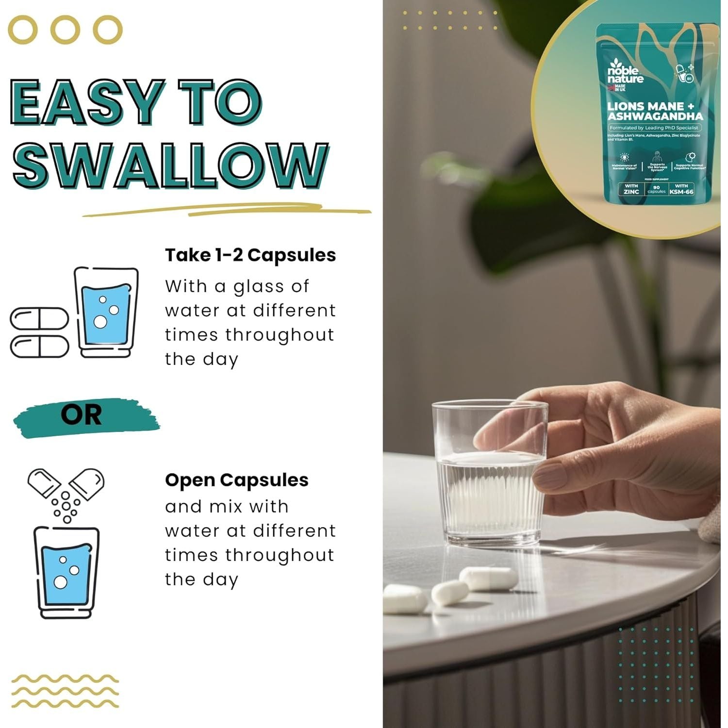 Noble Nature 267Mg Lions Mane + 250Mg Ashwagandha KSM 66 4-In-1 Formula – with 10Mg Zinc Bisglycinate and 1Mg Vitamin B1 Capsule Supplement – Adaptogens for Calm Brain, Stress, Mood, & Health (90)