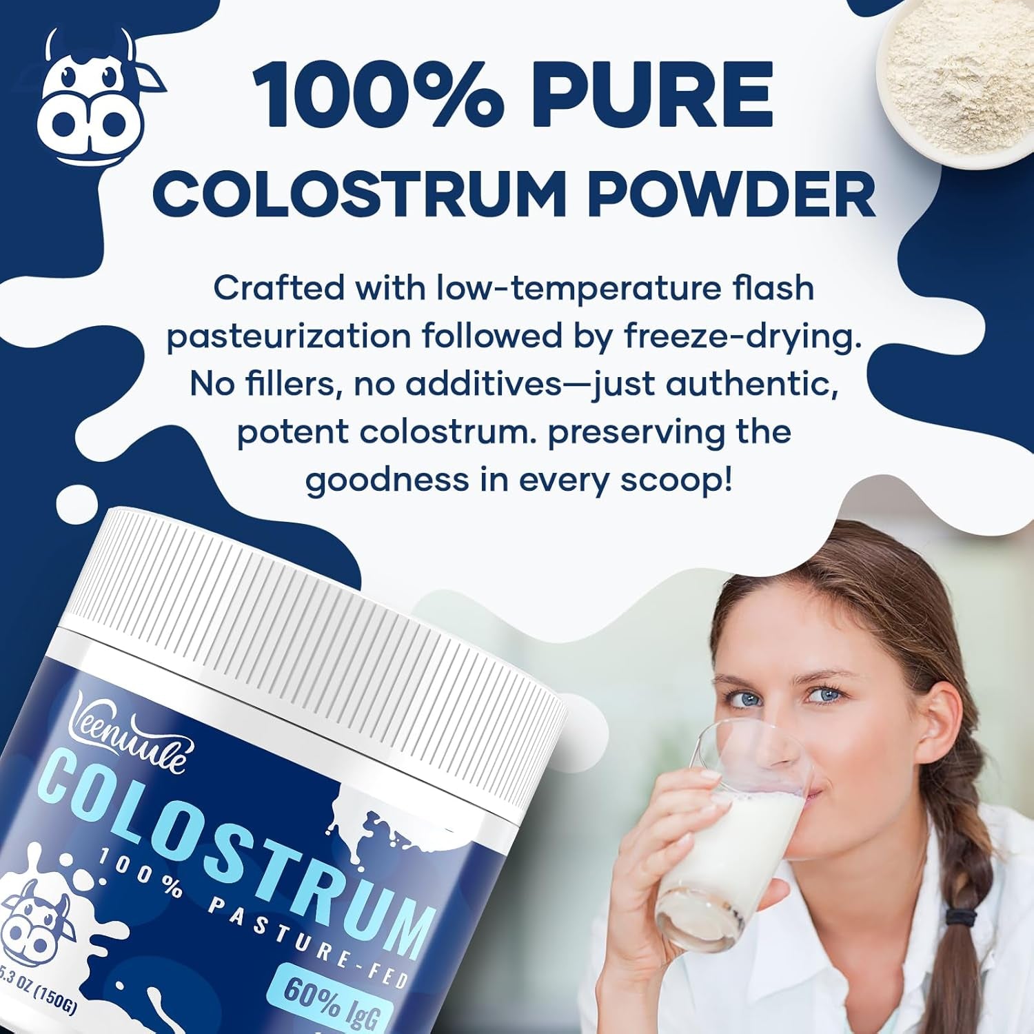 Veenuule Colostrum Powder 3000MG, with 60% Natural Igg (Immunoglobulins), Grass Fed Cow Colostrum, Non-Gmo, Unflavored 50 Servings