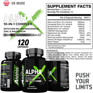 Alpha X Testosterone Supplements for Men - Testosterone Booster for Men 120 Capsules - 10 Powerful Ingredients & Vitamins Including KSM-66 Ashwagandha, Zinc, Maca Root Extract - Made in the UK