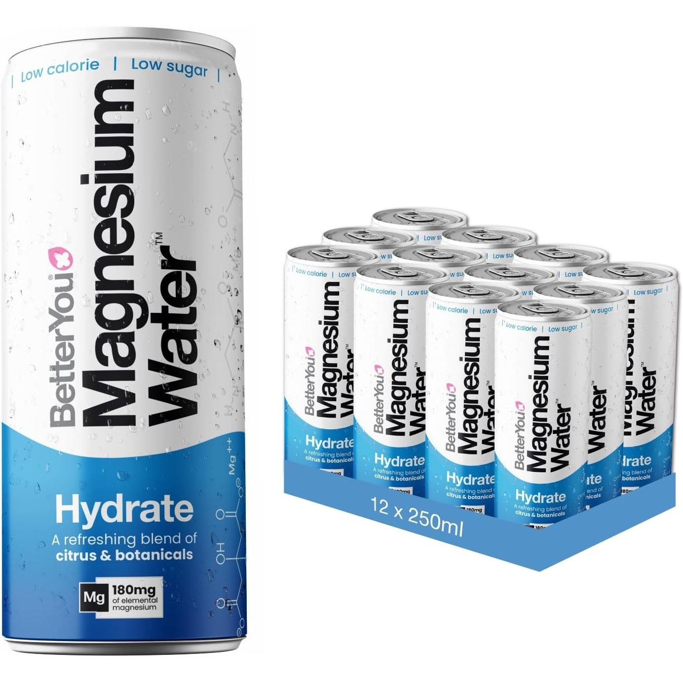 Betteryou Magnesium Mineral Water, Hydrate, Rapid Replenishment for Exercise Recovery and Stress Relief, Boosts Cellular Fuel, Magnesium Glycinate with Citrus and Botanicals, Pack of 12, 250 Ml
