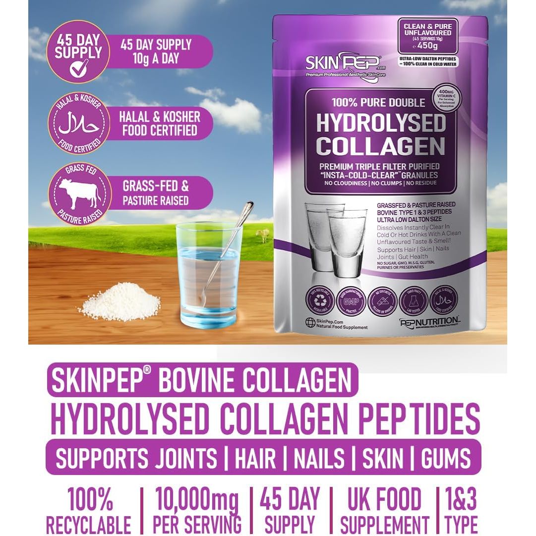 Collagen Powder 450G (+ 400Mg VIT C per 10G) Ultra Premium Double Hydrolysed Bovine Collagen Peptides by Skinpep - Halal Certified - 8 Essential Amino Acids, Collagen Supplements, Made in UK