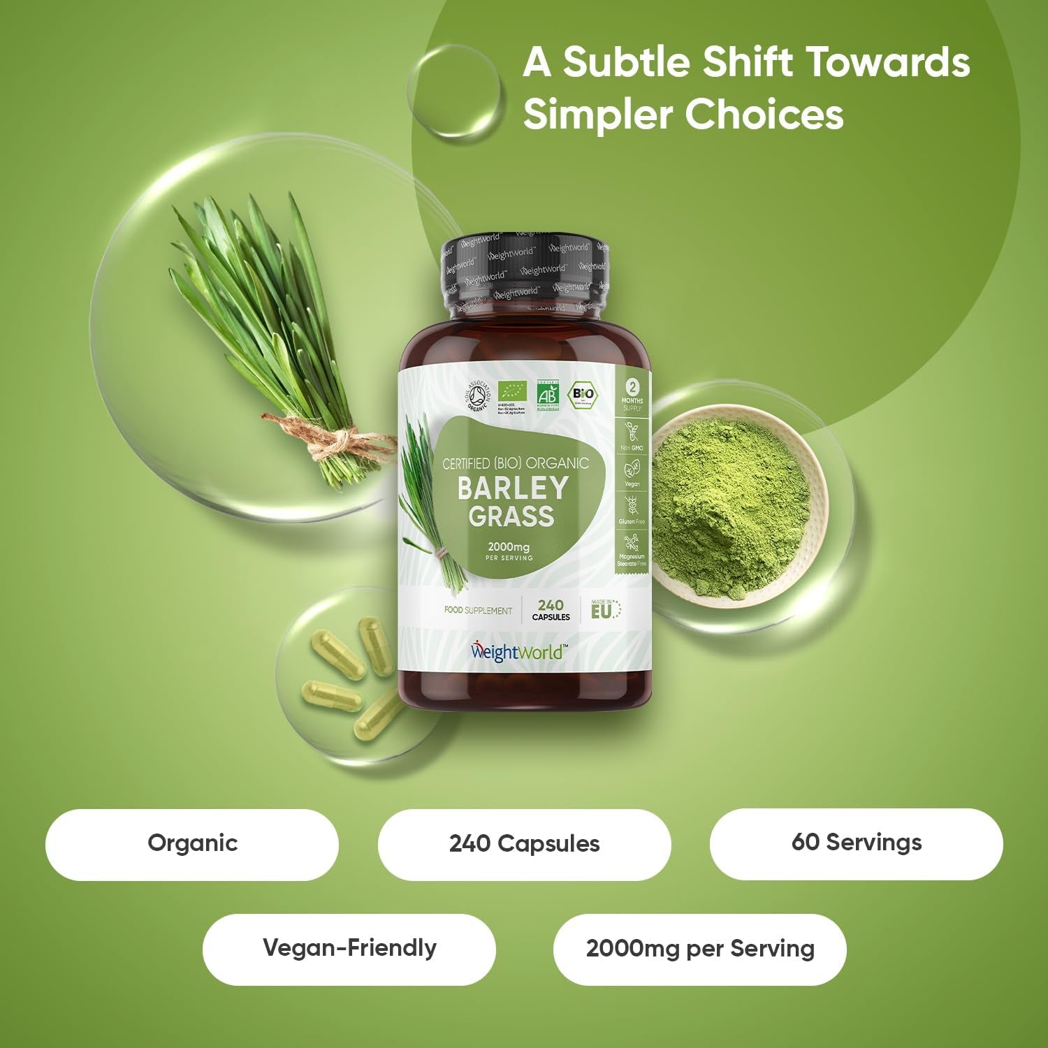 Organic Barley Grass Powder Capsules - 240 Capsules - Barley Grass Supplement - 2 Months Supply - Non-Gmo & Gluten-Free - Vegan-Friendly & Magnesium Stearate-Free - Made in EU - for Men & Women