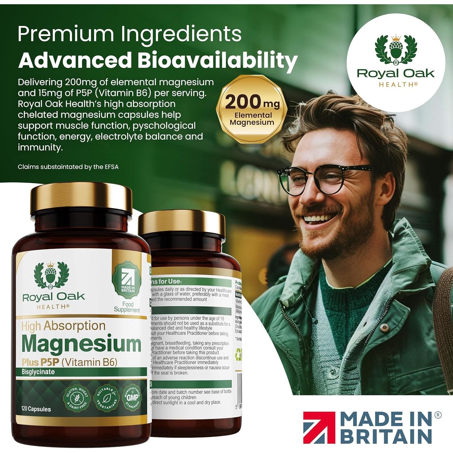 Magnesium Bisglycinate 200Mg plus P5P Vitamin B6 X120 Capsules | Advanced Chelated Formula for Optimal Absorption 200Mg of High Strength Elemental Magnesium - Vegan & UK Made by Royal Oak Health