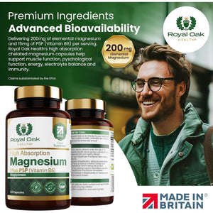 Magnesium Bisglycinate 200Mg plus P5P Vitamin B6 X120 Capsules | Advanced Chelated Formula for Optimal Absorption 200Mg of High Strength Elemental Magnesium - Vegan & UK Made by Royal Oak Health