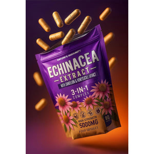 Echinacea Capsules High Strength - 5000Mg Echinacea with Dandelion & Honeysuckle - Food Supplement - Vegan - One a Day - 90 Capsules per Pack (1 Single Pack)