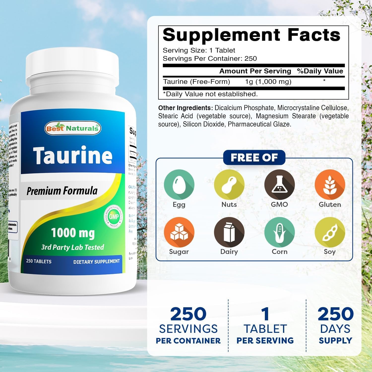 Best Naturals Taurine 1000 Mg Tablet, 250 Count (250 Count (Pack of 1))