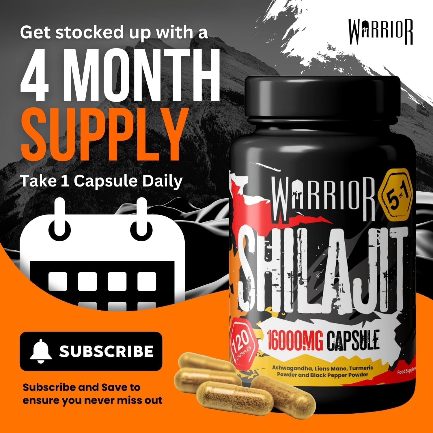 Warrior SHILAJIT Capsules (120 Capsule and Servings) – 5 in 1 Supplement (Not Resin) – 16000Mg Pure Organic Extract – Includes Ashwagandha, Lions Mane, Turmeric & Black Pepper