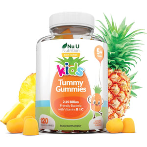 Kids Tummy Gummies - Friendly Probiotics for Children - 120 Vegan Vitamin Gummies - Pineapple Flavour - Lactobacillus and Bifidobacterium & Vitamin B3, B5, B6 & C for Gut Health - Nu U Nutrition