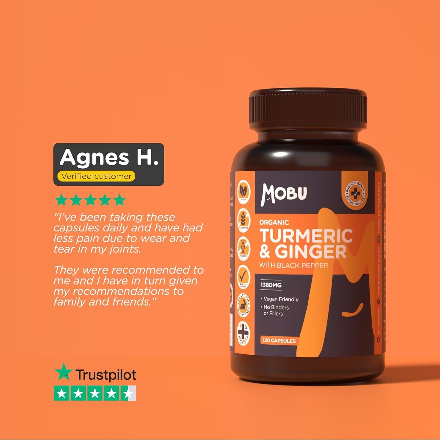 Organic Turmeric, Ginger & Black Pepper Capsules | High Strength 1380Mg | Curcumin for Joints, Immune & Inflammation Support | Vegan, Made in UK MOBU