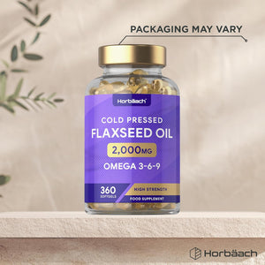 Flaxseed Oil Capsules 2000Mg | 360 Softgels | Omega 3 6 9 with High Strength Alpha Linolenic Acid (ALA) | Cold Pressed Supplement | by Horbaach