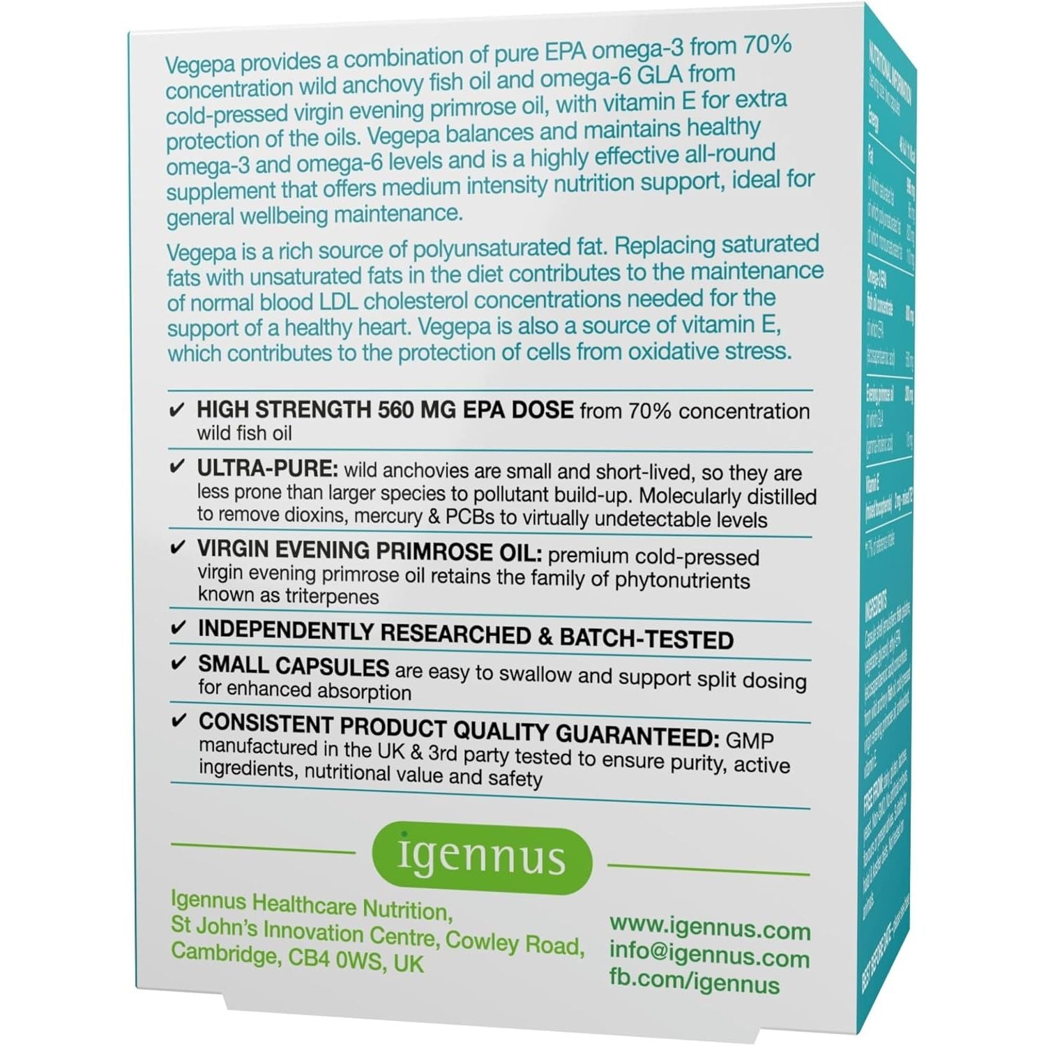 Vegepa, EPA Omega 3 & GLA Omega 6, Ultra Pure Wild Fish Oil & Evening Primrose Oil, 60, 560Mg EPA per Serving, 30 Servings, 60 Capsules, by Igennus