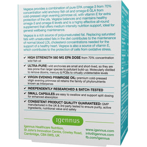 Vegepa, EPA Omega 3 & GLA Omega 6, Ultra Pure Wild Fish Oil & Evening Primrose Oil, 60, 560Mg EPA per Serving, 30 Servings, 60 Capsules, by Igennus