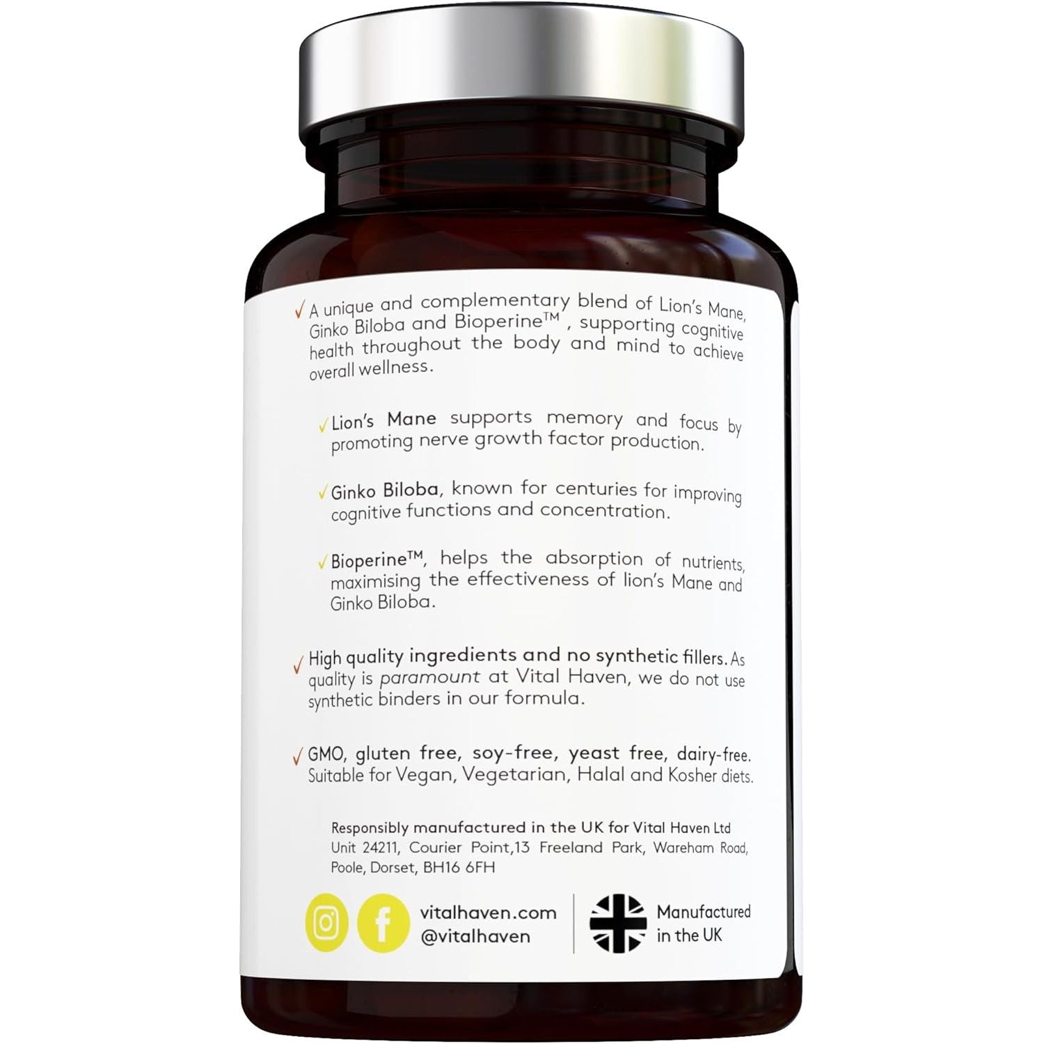 [Vital Haven] Complex Cognitive Formula - Lion'S Mane (4000Mg) & Gingko Biloba (1000Mg) - 120 Vegan Capsules - Max Potency - with Piperine for Maximal Absorption - Made in the UK