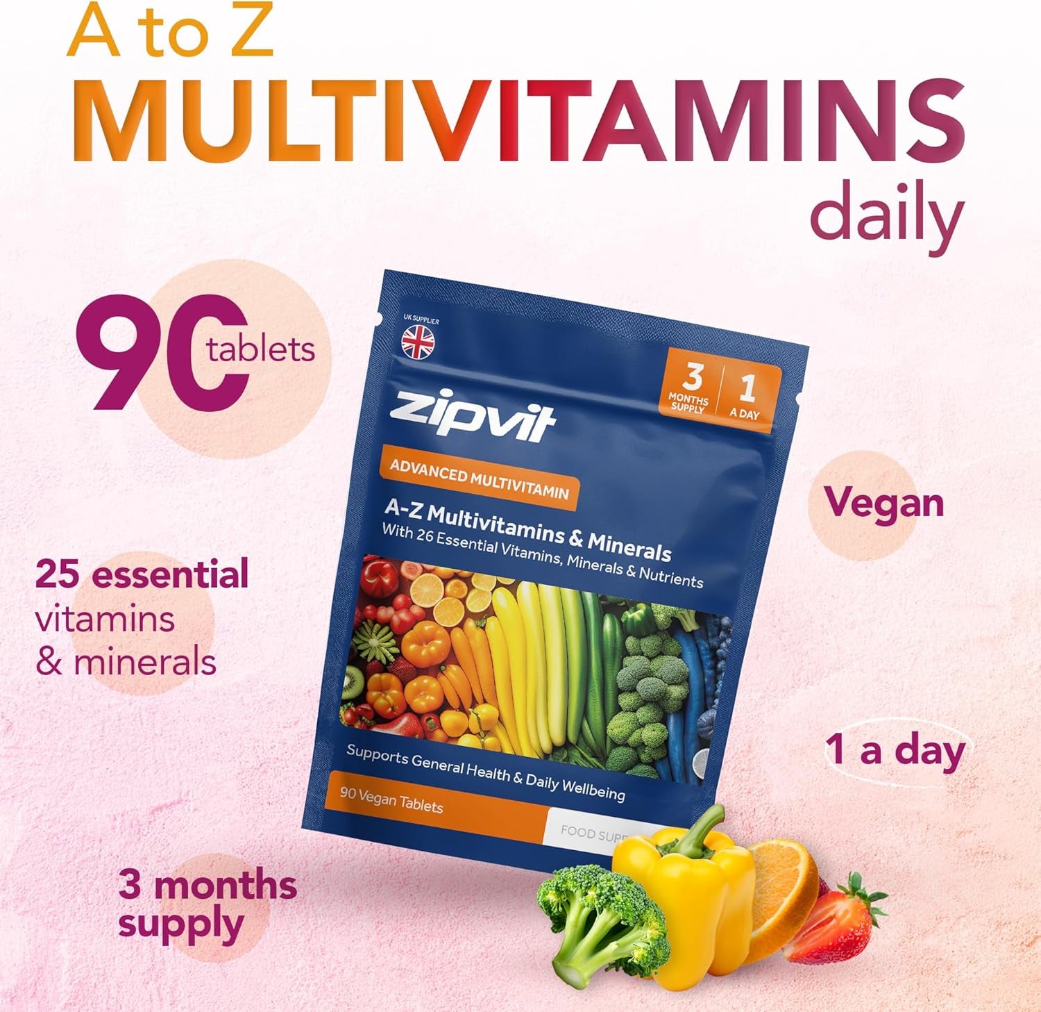 Zipvit A-Z Multivitamin Tablets, Vegan Multivitamin & Minerals for Men and Women, 90 Tablets (3-Month Supply), 26 Essential Vitamins & Minerals for Immune Support, Bone Health, and Energy
