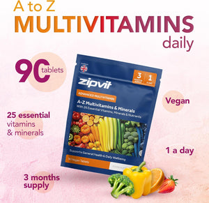 Zipvit A-Z Multivitamin Tablets, Vegan Multivitamin & Minerals for Men and Women, 90 Tablets (3-Month Supply), 26 Essential Vitamins & Minerals for Immune Support, Bone Health, and Energy