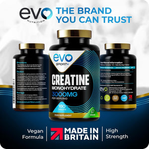 EVO NUTRITION Creatine Monohydrate Tablets 3000Mg - 180 Creatine Tablets | Unflavoured Gym Supplement & Powder Alternative for Men & Women | Muscle Mass & Exercise Recovery | Vegan, Keto & Made in UK