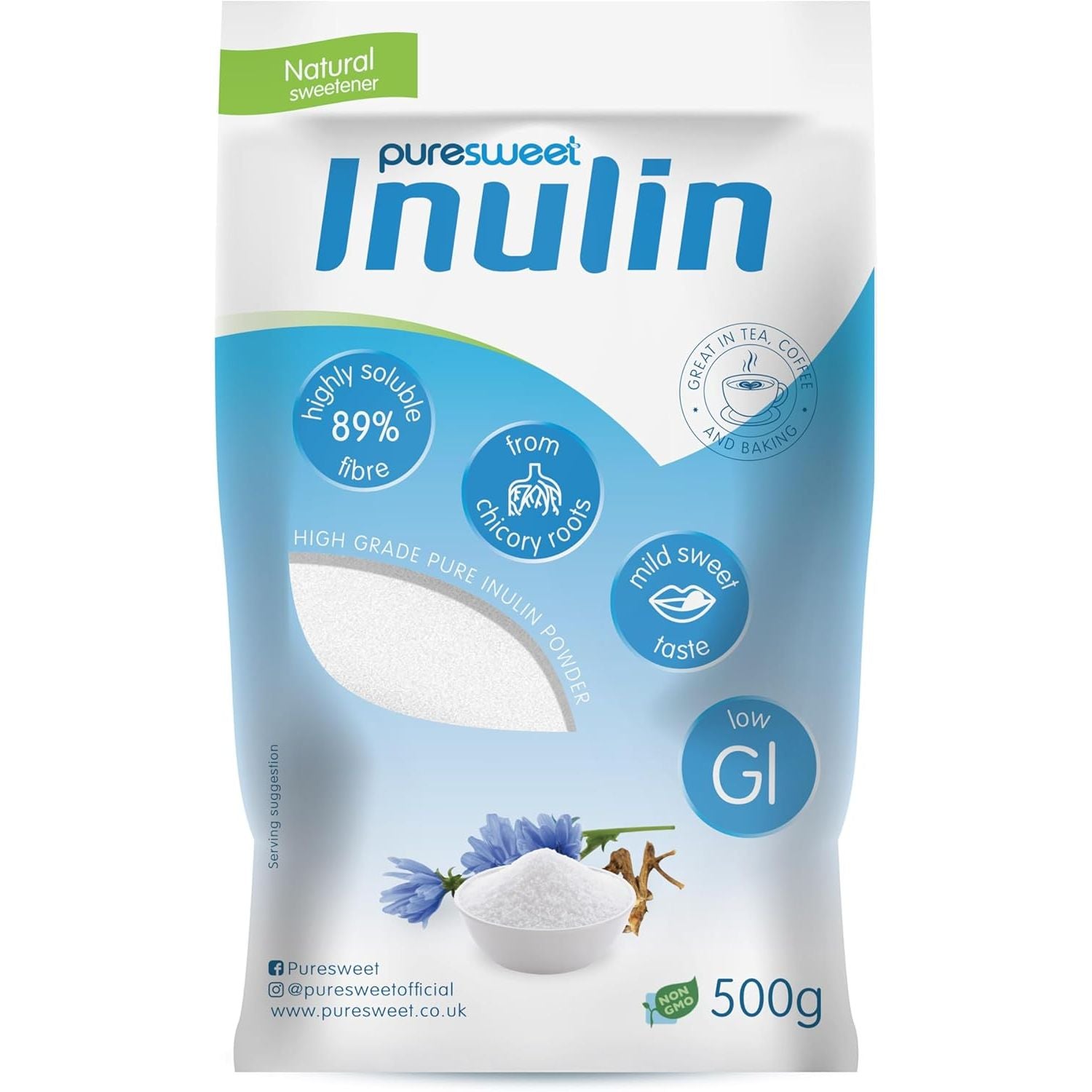 Puresweet® Premium Inulin Prebiotic Fibre Powder 500G - Chicory Root, 100% Pure Inulin, Highly Soluble, Made in the EU, Fructo Oligosaccharide (FOS), Gluten Free, Vegan.