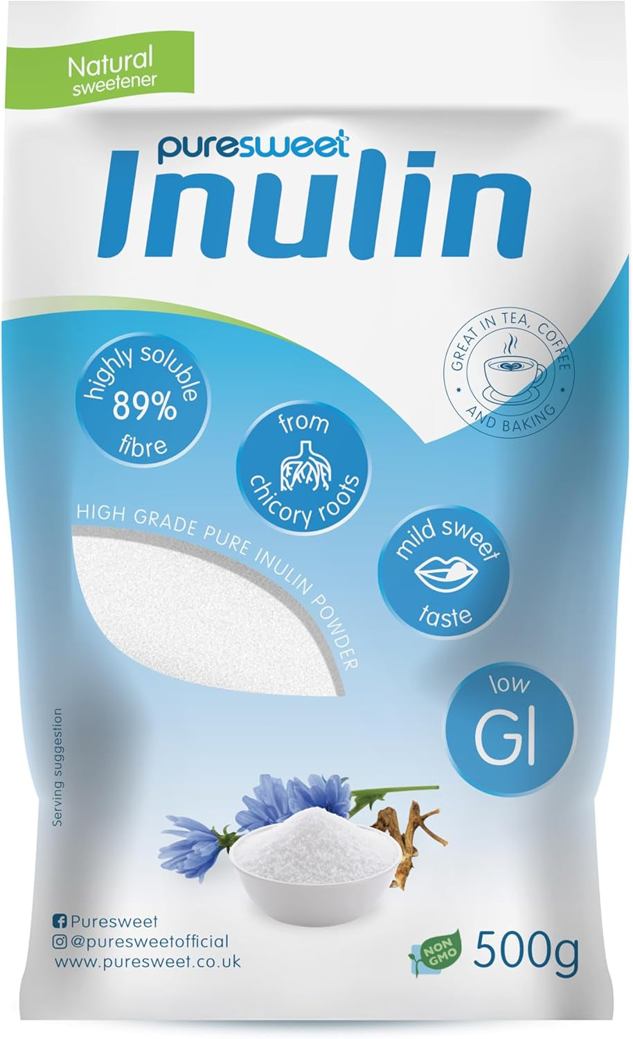 Puresweet® Premium Inulin Prebiotic Fibre Powder 500G - Chicory Root, 100% Pure Inulin, Highly Soluble, Made in the EU, Fructo Oligosaccharide (FOS), Gluten Free, Vegan.