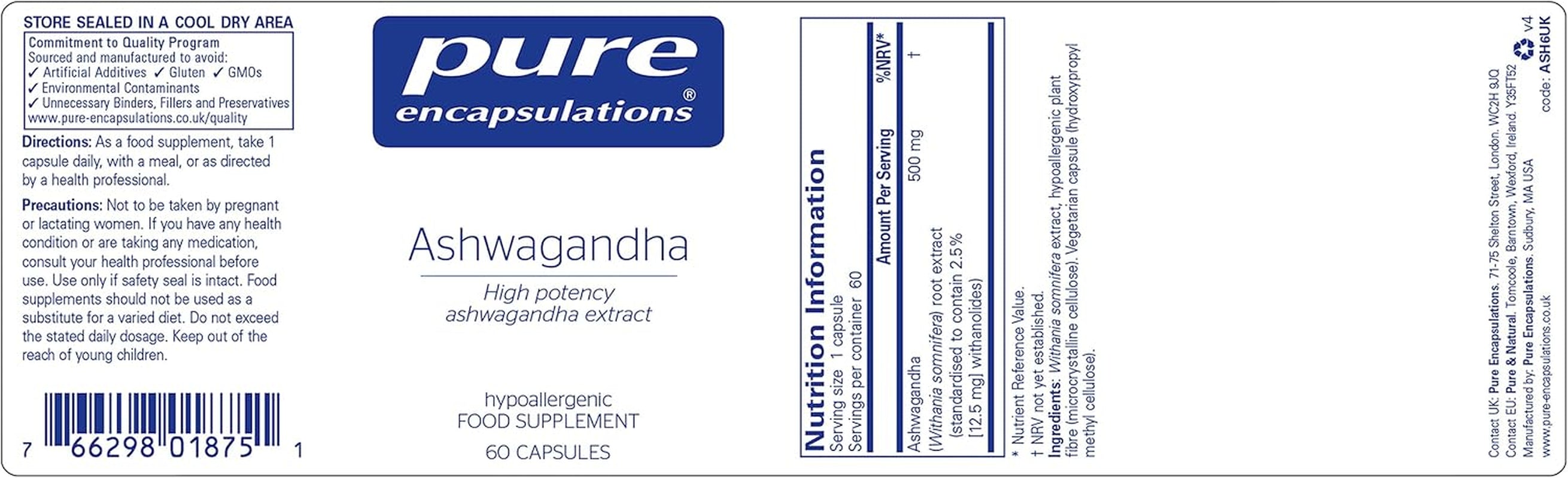 Pure Encapsulations Ashwagandha High Potency Extract 500Mg - Indian Ginseng Supplement for Cognitive & Joint Function, 60 Vegetarian Capsules