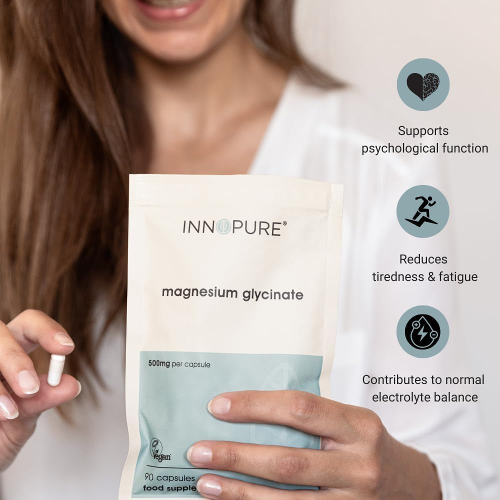 INNOPURE Magnesium Glycinate - 90 Capsules - Bioavailable Magnesium Supplements - 500Mg per Capsule Providing 100Mg of Pure Elemental Magnesium Bisglycinate Powder - Made in the UK
