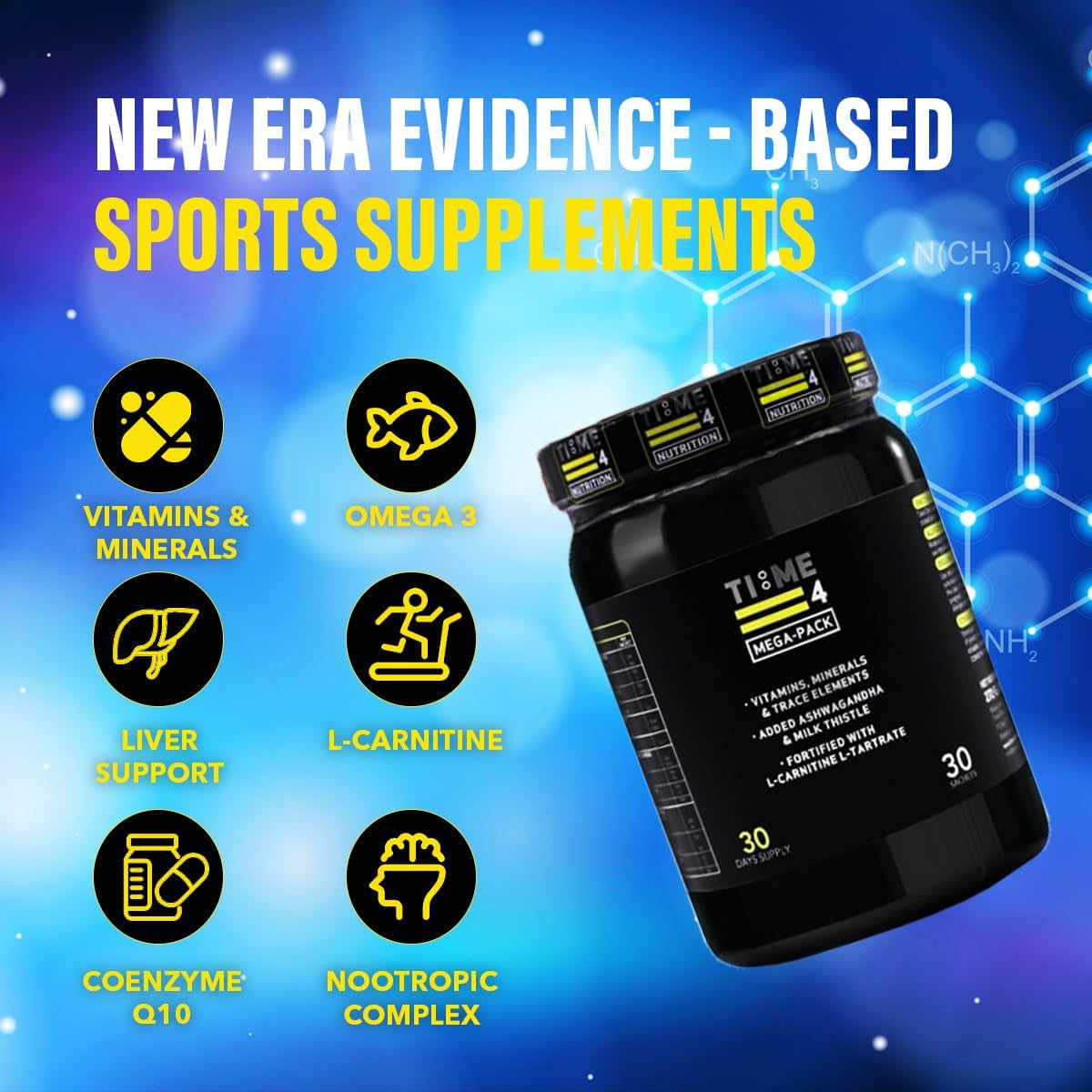 Time 4 Mega - Pack 30 Day Supply - Ultra High Strength Vitamins, Minerals, Trace Elements, Herbal Extracts, Omega 3 Fatty Acids, L-Carnitine, Coq10, Liver Support Liver Health & Nootropic Complex