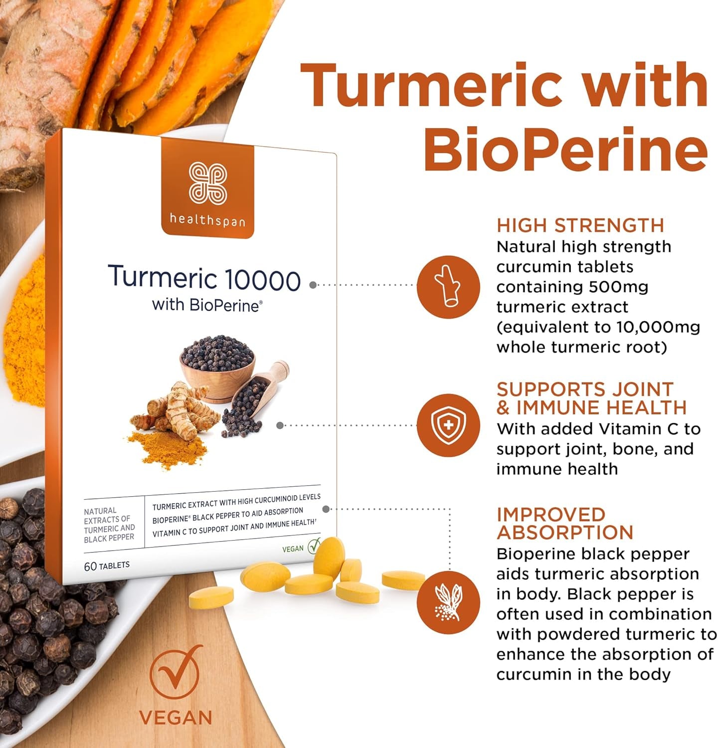 Healthspan Turmeric 10,000Mg with Bioperine Black Pepper Extract (2 Months’ Supply) | High Potency Turmeric Extract | Supports Immune, Bone & Cartilage Health | Bioperine Aids Absorption | Vegan