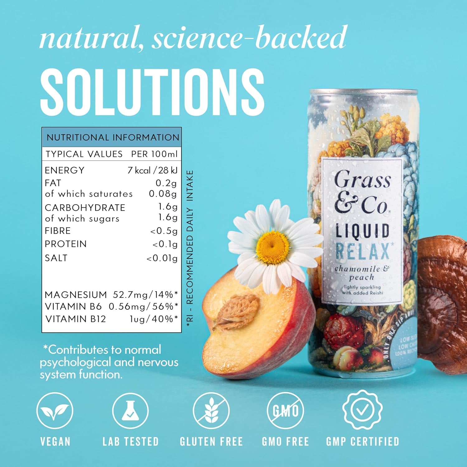 Grass & Co. Nootropics Drinks with Magnesium, Ashwagandha, Vitamin B12, Vitamin B6, Reishi Mushroom & More | Liquid Relax | Chamomile & Peach | Lightly Sparkling | Vegan | 12 X 250Ml Cans