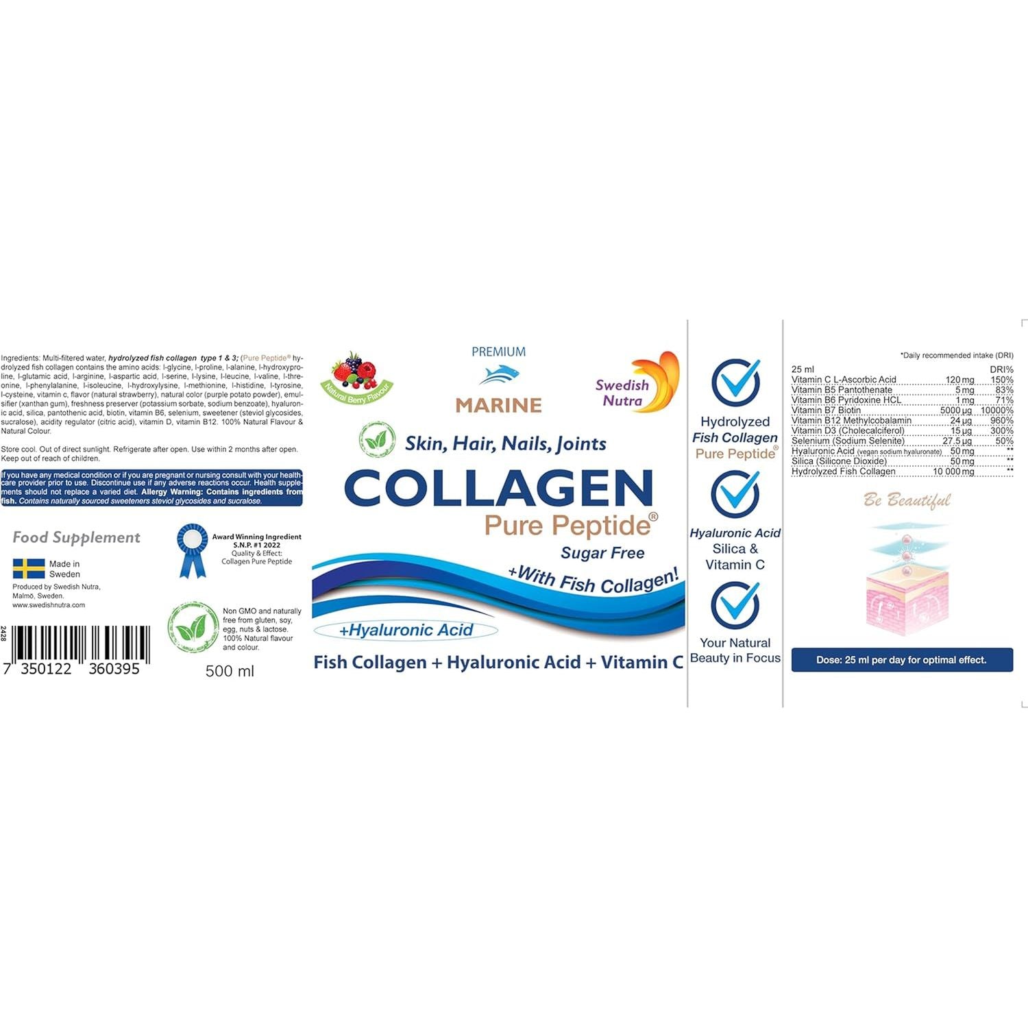 Swedish Nutra - Hydrolyzed Marine Collagen Liquid Supplement - Pack of 500 Ml, 20 Day Supply | Pure Peptide and Vitamins for Healthy Hair, Skin, Nails and Joints I 100% Natural Berry Flavour